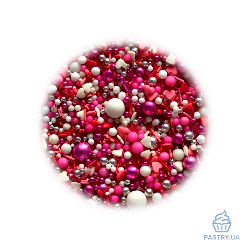 Sugar Decor mix "First Love" – white, red & silver balls, sticks & hearts (S&D pearls), 50g