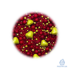 Sugar Decor mix "Golden Heart" – burgundy & gold balls & hearts (S&D pearls), 200g
