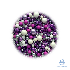 Сахарный декор Фиолетовый Микс – фиолетовые, белые и серебряные шарики и палочки (S&D pearls), 200г