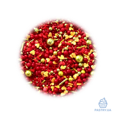 Цукровий декор Мікс "Червоний Оксамит" – червоні та золоті кульки, палички, сердечка та ялинки (S&D pearls), 200г