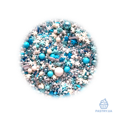 Sugar Decor mix "Cold Heart" – white, blue & silver balls, sticks & snowflakes (S&D pearls), 50g
