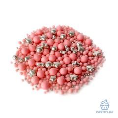 Сахарный декор Микс "Весенняя Нежность" – розовые и серебряные шарики и звездочки (S&D pearls), 50г