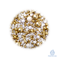 Sugar Decor mix "First Snow" – white & gold balls, sticks & snowflakes (S&D pearls), 200g
