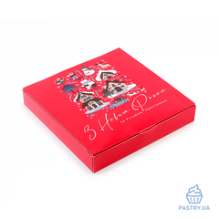 Коробка на 16 Конфет красная "Новогодние домики" 185×185×30мм (Vals)