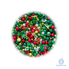 Сахарный декор Микс "Новогодний" – зеленые, красные и золотые шарики, палочки и другие фигуры (S&D pearls), 200г