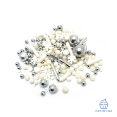 Сахарный декор Микс "Снежная Королева" – белые и серебряные шарики, палочки и снежинки (S&D pearls), 200г