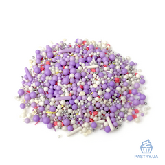 Сахарный декор Микс "Прованс" – фиолетовые, белые, серые, серебянные и розовые шарики, палочки и диски (S&D pearls), 200г