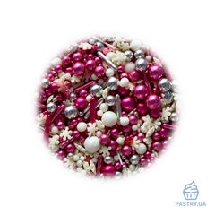 Sugar Decor mix "Bright Gift" – white, silver & crimson balls, sticks & snowflakes (S&D pearls), 200g