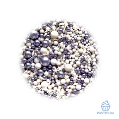 Sugar Decor mix "Frosty Morning" – white, purple & silver balls, sticks & snowflakes (S&D pearls), 200g