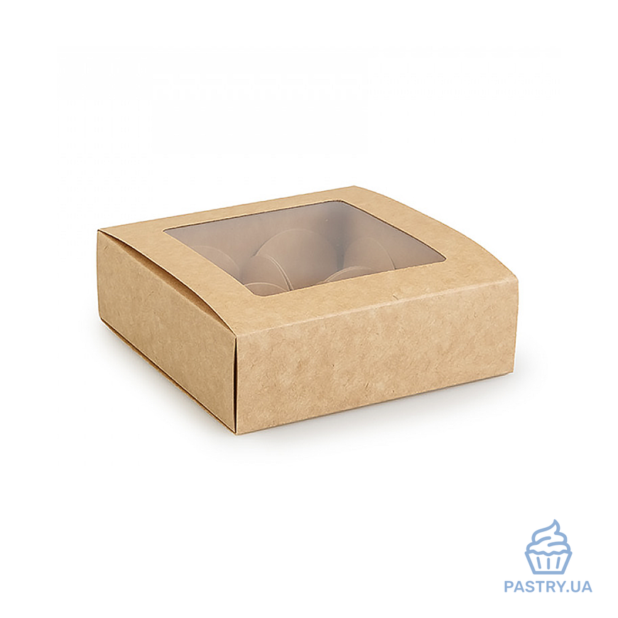 Коробка на 4 Конфеты с окошком 112×112×35мм крафт (Vals)